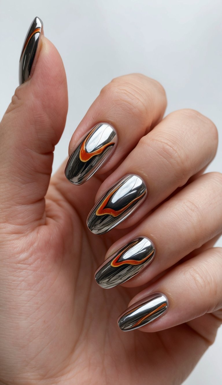 Hand displaying almond-shaped mirror silver chrome nails with flowing orange flame accents, highlighting a chrome nail art idea with reflective metallic finish against a neutral background.