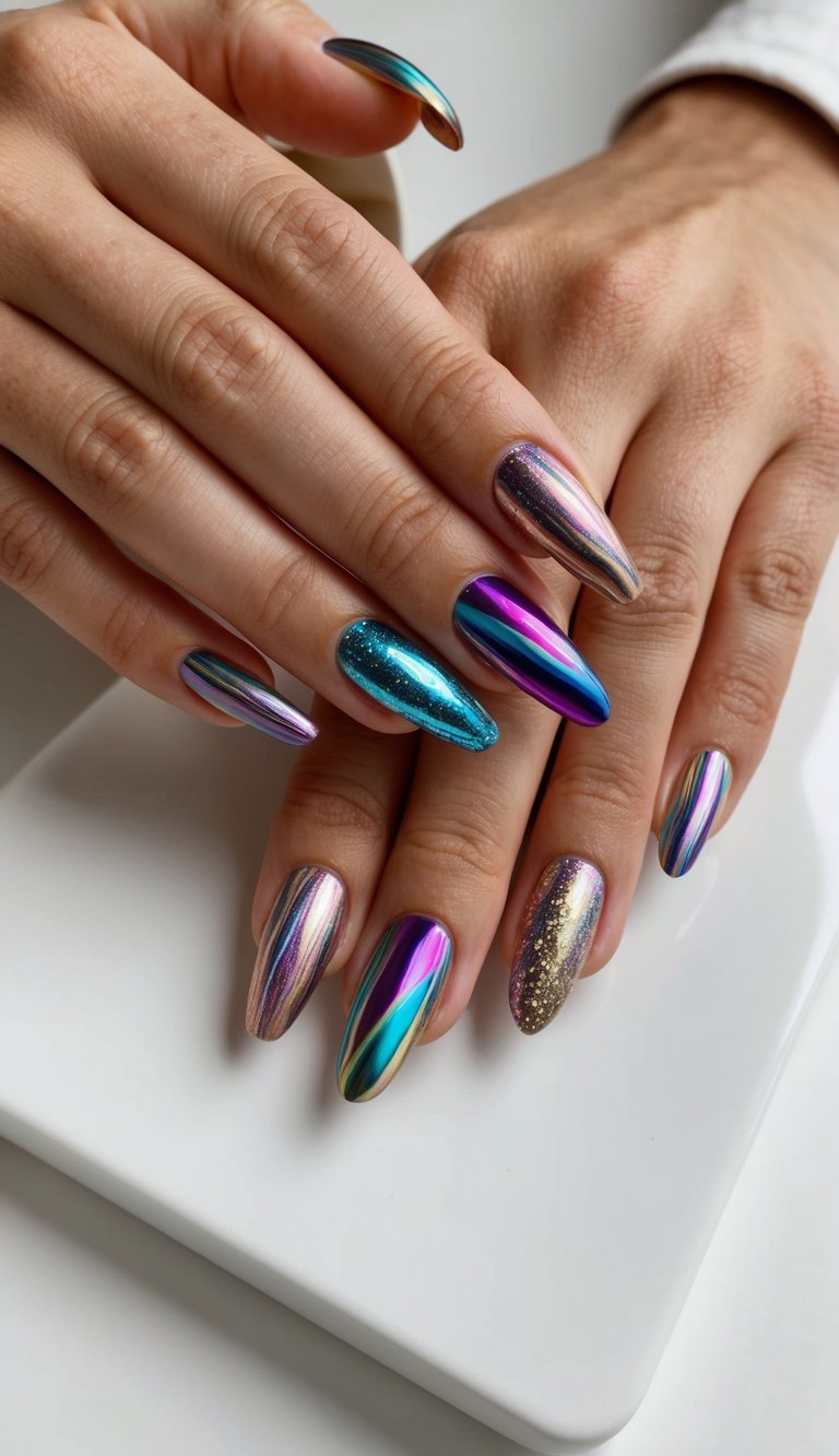 Close-up of two hands featuring a colorful nail art idea with long almond nails coated in shiny chrome shades of turquoise, purple, rose gold, and blue