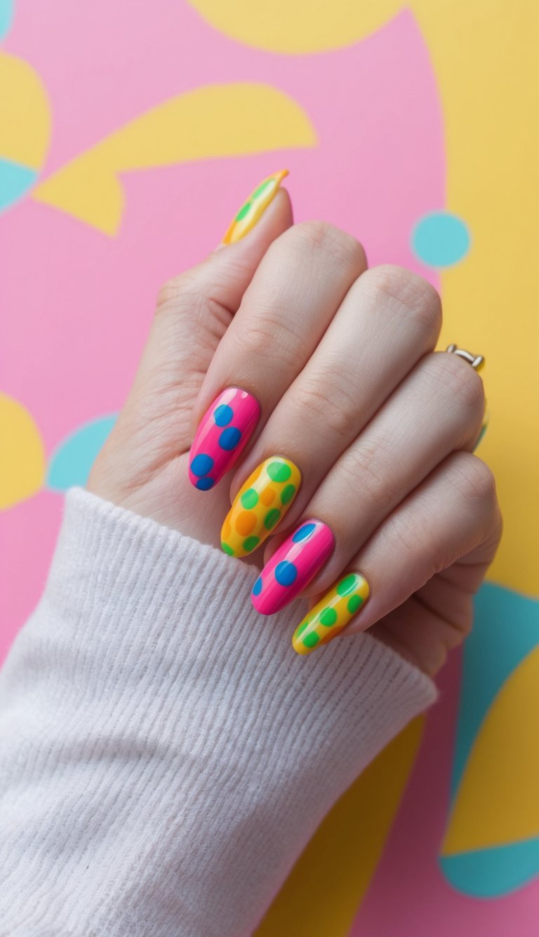 Hand in a white sweater sleeve showing a colorful nail art idea with almond nails painted pink and yellow with large teal and green polka dots