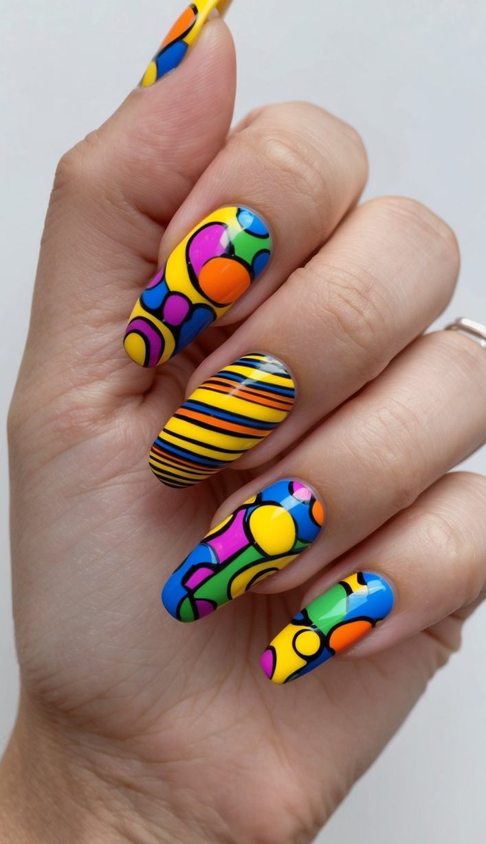 Manicured hand displaying a colorful nail art idea with vibrant pop-art bubble patterns and striped nail accents in yellow, blue, green, orange, and pink
