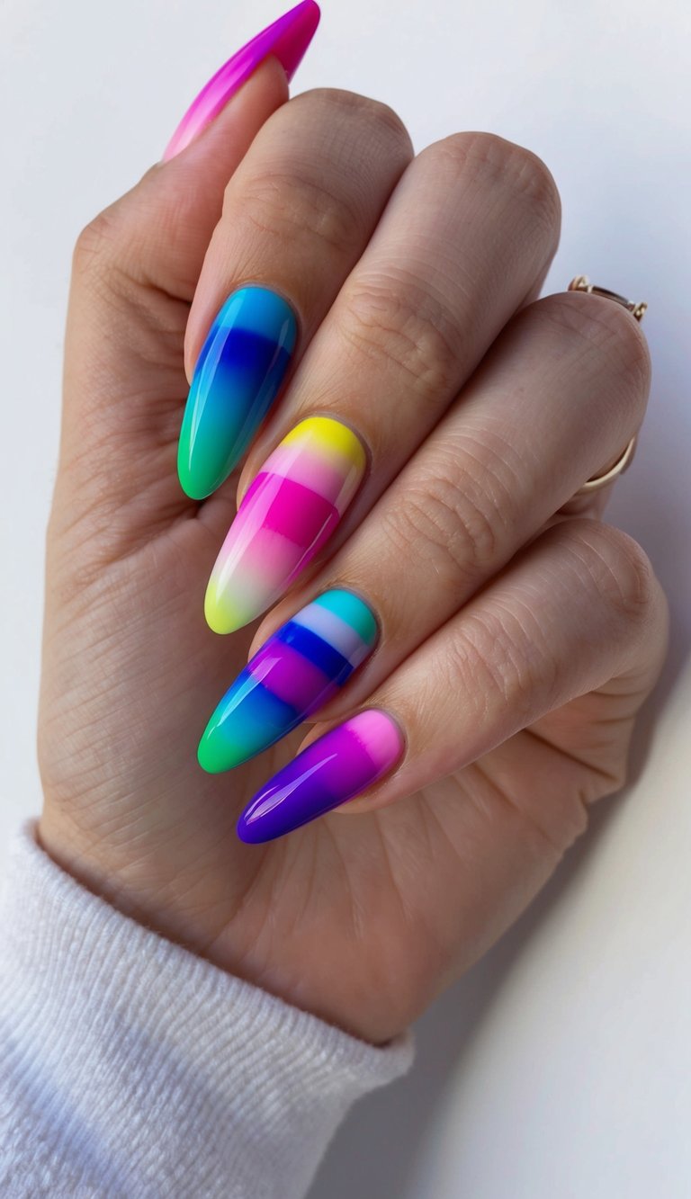Hand with long stiletto nails featuring a colorful nail art idea with neon ombré gradients in pink, yellow, teal, blue, and purple with glossy striped bands