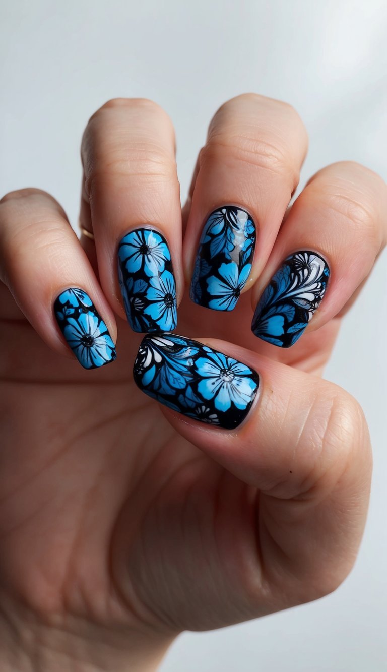A hand with long nails features blue floral nail art designs on a dark background, showcasing intricate flower patterns.