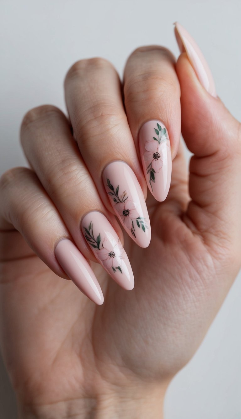 Close-up of a hand with long blush pink almond-shaped nails featuring delicate hand-painted flowers and green leaves, showcasing a romantic bridal nail art idea.