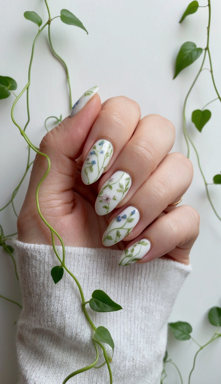 Hand posed among trailing green vines with almond-shaped ivory nails featuring hand-painted botanical vines and small pastel flowers for a delicate bridal nail art idea.