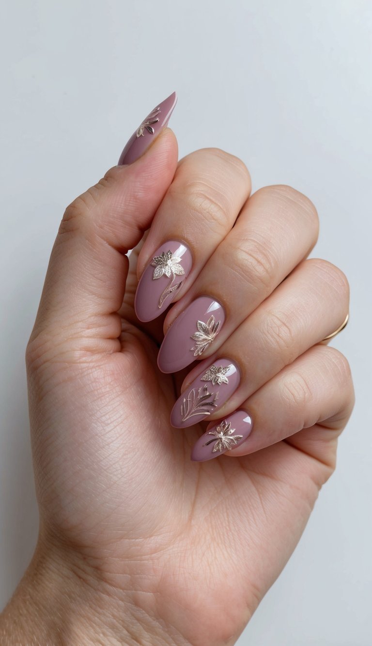 Elegant fingers with mauve almond nails featuring metallic floral decorations and botanical leaf details, creating a romantic bridal nail art idea.