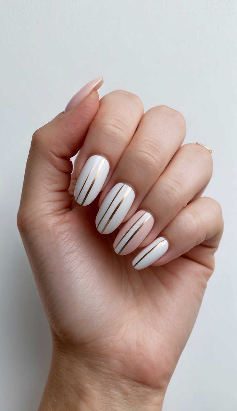 Elegant fingers showing ivory almond nails with fine metallic gold striping placed vertically on several nails, illustrating a chic and modern bridal nail art idea.