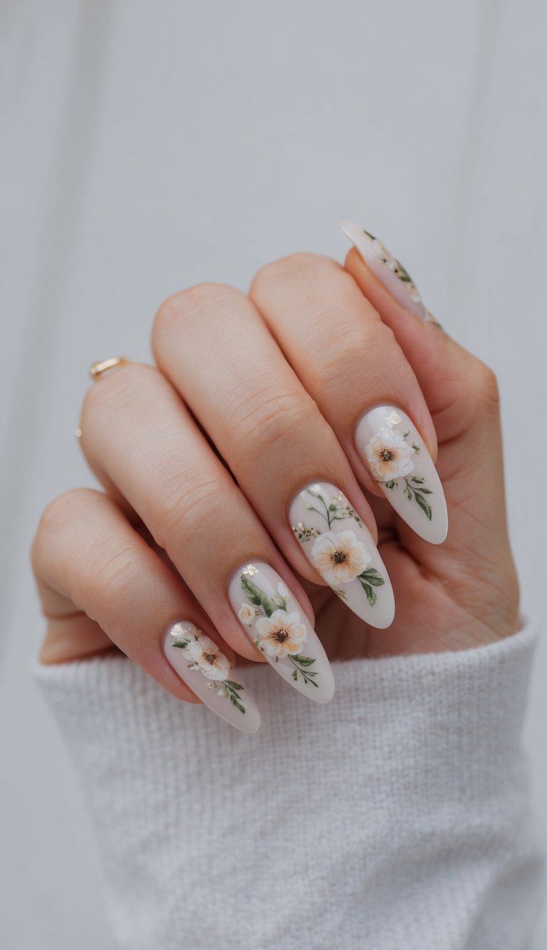 Manicured hand wearing a light sweater sleeve showing almond nails with soft ivory base and detailed flower illustrations with green leaves, creating a botanical bridal nail art idea.