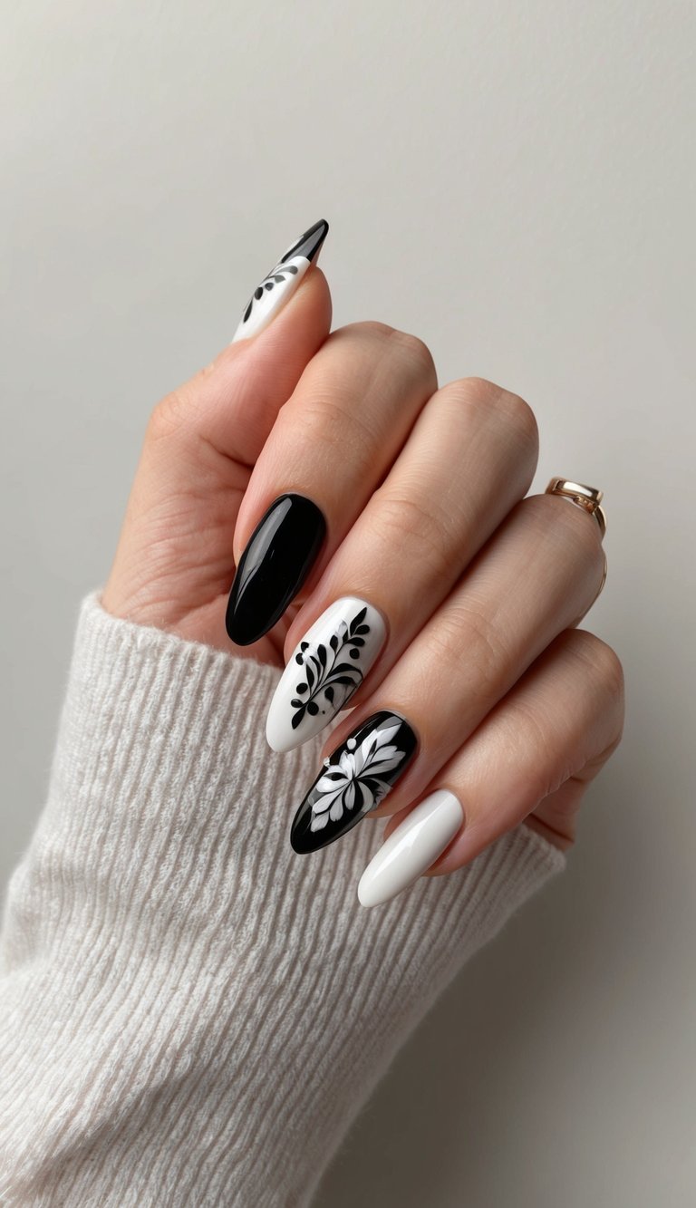 Close-up of a hand with long almond nails in black and white tones, including detailed floral and leaf artwork on accent nails styled as a monochrome bridal nail art idea.