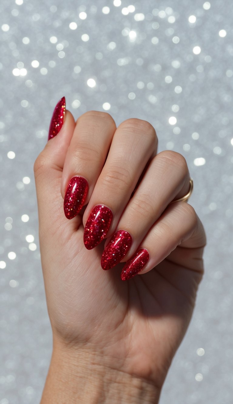 Manicured hand with almond-shaped nails painted scarlet red glitter polish, presenting a radiant glittery nail art idea with bright reflective shimmer.