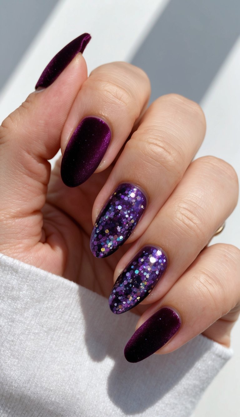 Close-up of a hand with almond-shaped nails painted deep plum with two accent nails filled with purple and holographic glitter, highlighting a dramatic glittery nail art idea in sunlight.