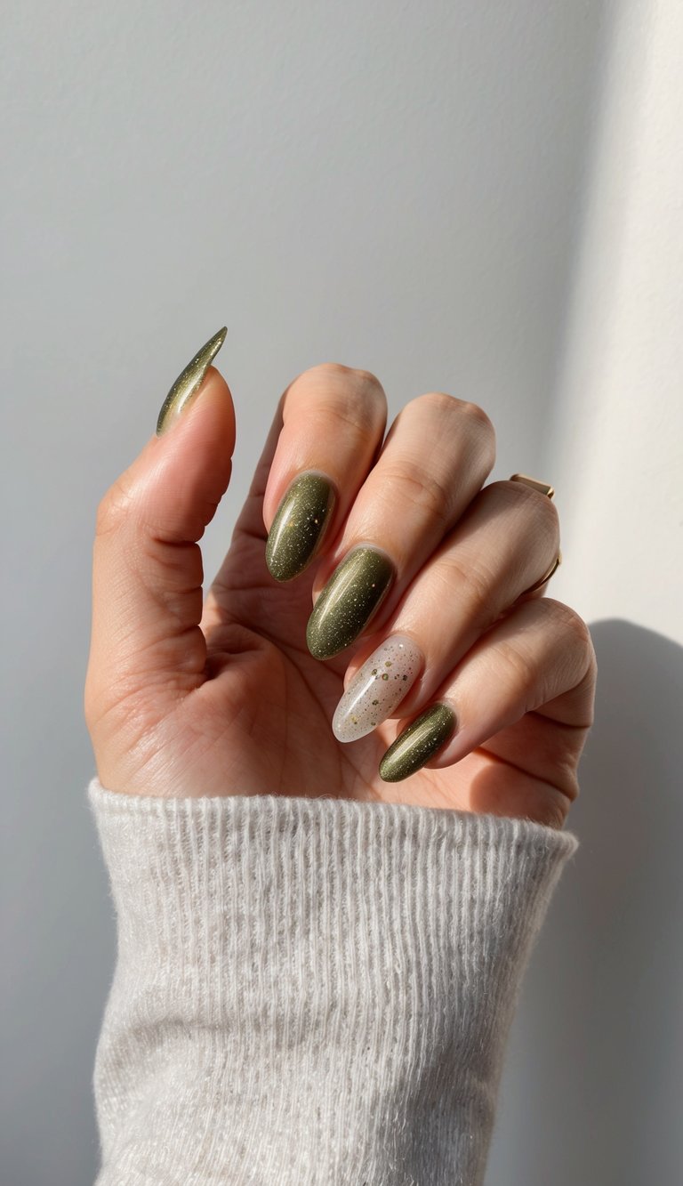 Close-up of a hand in a cozy white sleeve showing almond-shaped olive green metallic nails with a milky accent nail dotted with gold glitter, featuring an elegant glittery nail art idea.