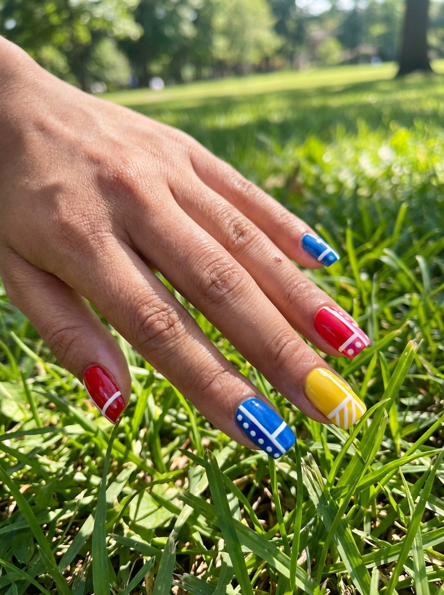 Close-up of a hand placed on grass displaying a colorful nail art idea with red, blue, and yellow polish featuring white stripes and small dot accents