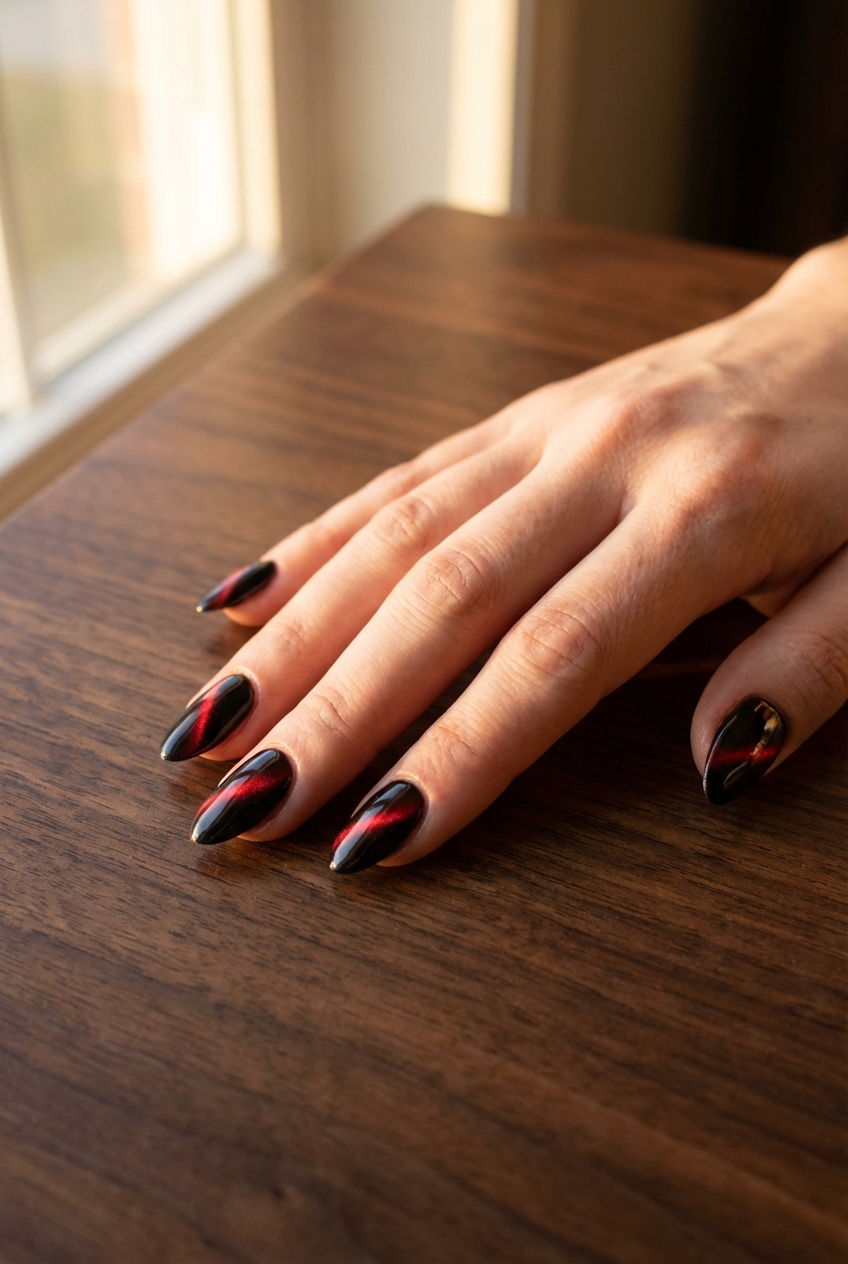 Close-up of a hand on a wooden surface showing a red chrome nail art idea with glossy black nails accented by luminous crimson chrome streaks.