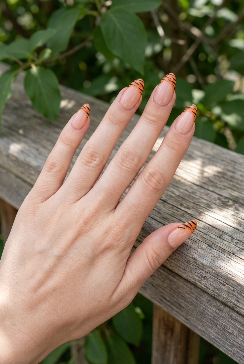 Top view of a hand outdoors on a wooden railing with green leaves in the background, showing an orange nail art idea with tiger-striped orange French tips.