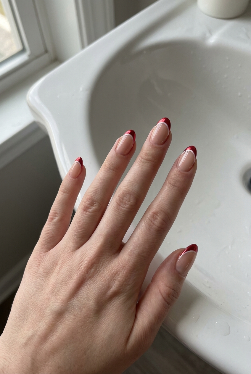 Close-up of a hand above a white sink showing a red chrome nail art idea with nude almond nails edged with shiny ruby chrome French tips.