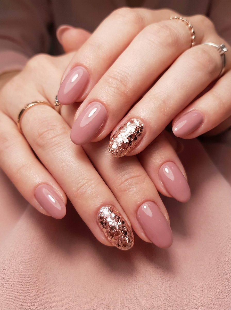 Hands gently layered on a soft pink surface showing almond-shaped dusty pink nails and one nail densely coated with rose gold glitter, illustrating a refined glittery nail art idea.