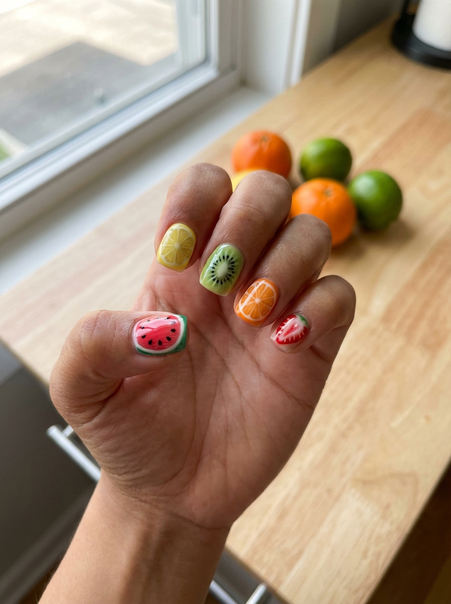 Hand held near a wooden table showing a short nail art idea with detailed fruit designs including lemon, kiwi, orange, watermelon, and strawberry painted on short nails.