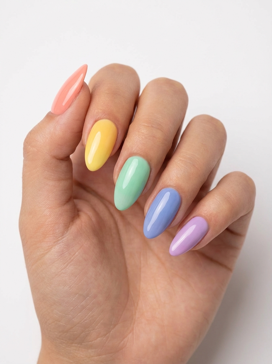 Close-up of a manicured hand featuring a colorful nail art idea with almond nails painted in pastel peach, yellow, mint, blue, and lavender shades
