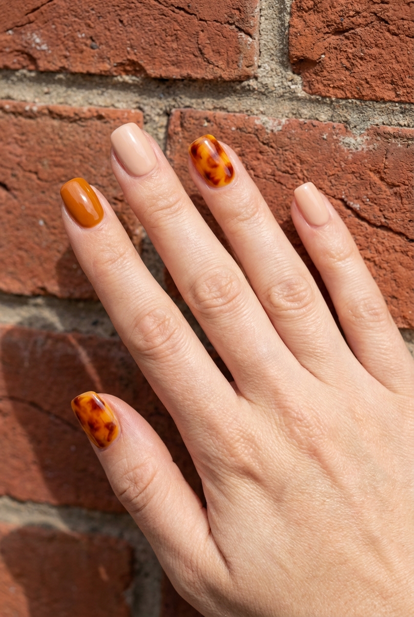 Hand positioned near a brick background showcasing an orange nail art idea with caramel-orange polish and tortoiseshell accent nails in amber and brown shades.