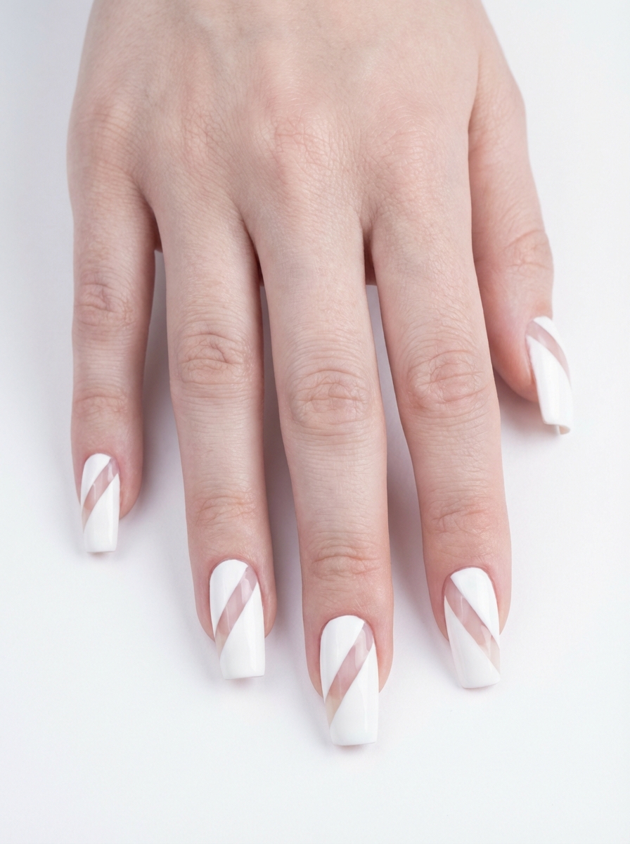 Top view of a hand on a white background showing square white nails with diagonal blush pink stripe panels across each nail, creating a modern bridal nail art idea.