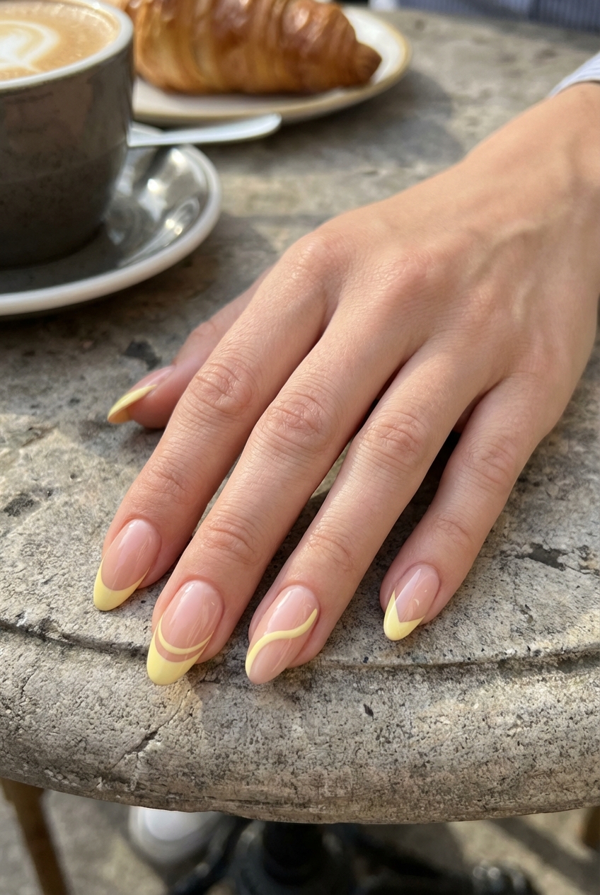 Close-up of a manicured hand shows yellow French tip nail art idea with glossy nude nails, pastel yellow tips, and flowing swirl accents next to a pastry and coffee