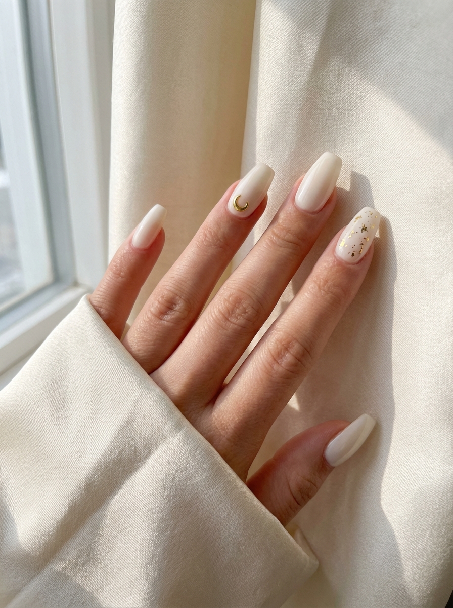 Fingers extended beside a bright window displaying a white and gold nail art idea with milky ivory nails, including one nail with a gold crescent charm and another decorated with gold foil specks.