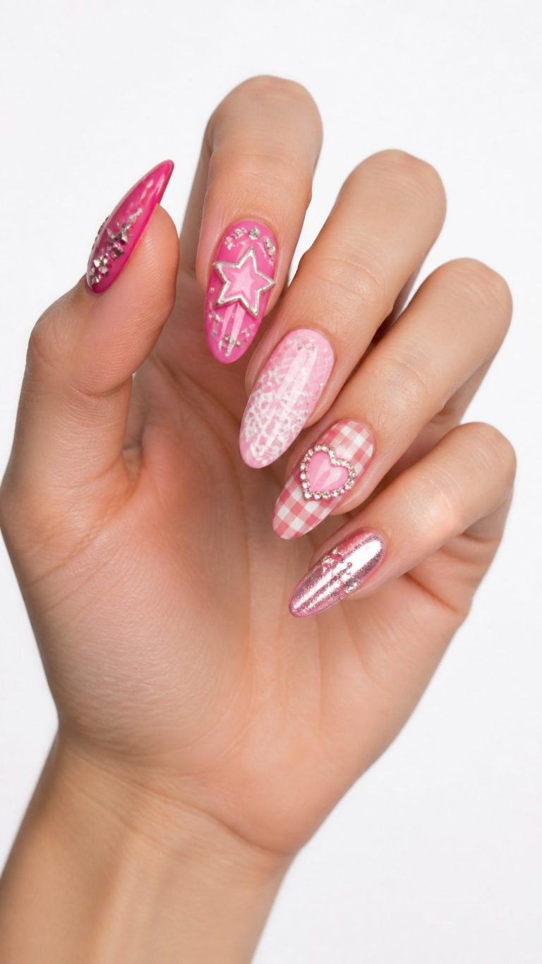 A hand with long, almond-shaped nails featuring intricate pink nail designs, including stars, hearts, and plaid patterns with silver embellishments.