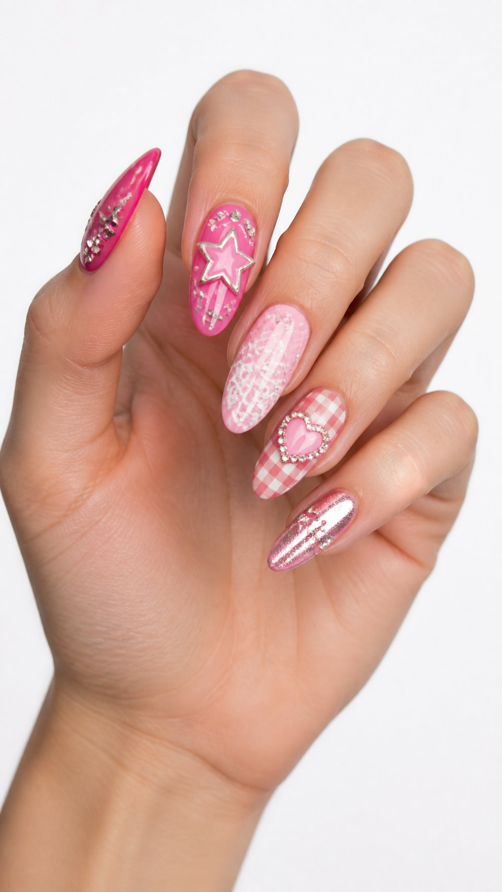 A hand with long, almond-shaped nails featuring intricate pink nail designs, including stars, hearts, and plaid patterns with silver embellishments.