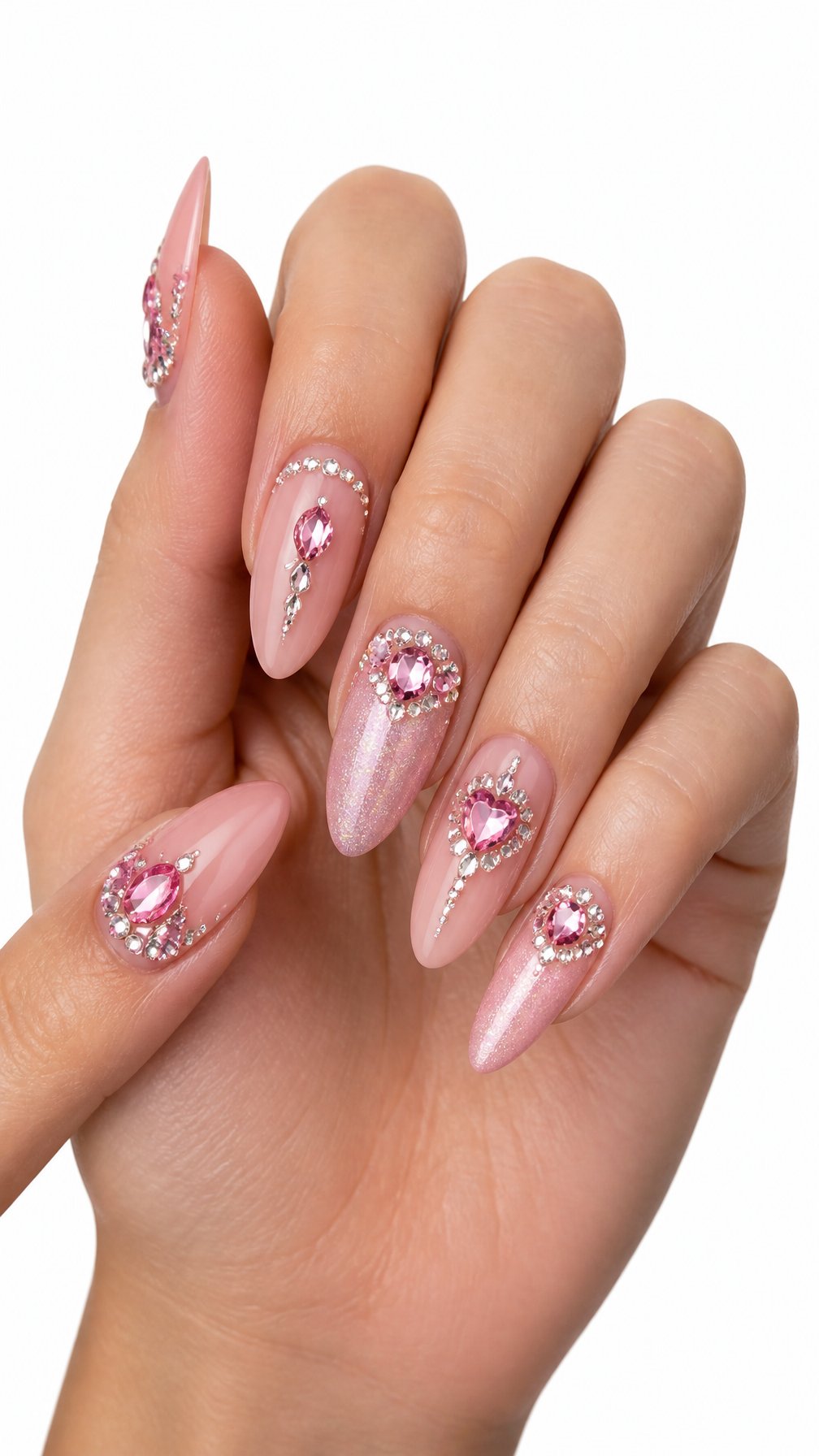 A single hand with glossy pink almond-shaped nails decorated with sparkling rhinestones against a white background.