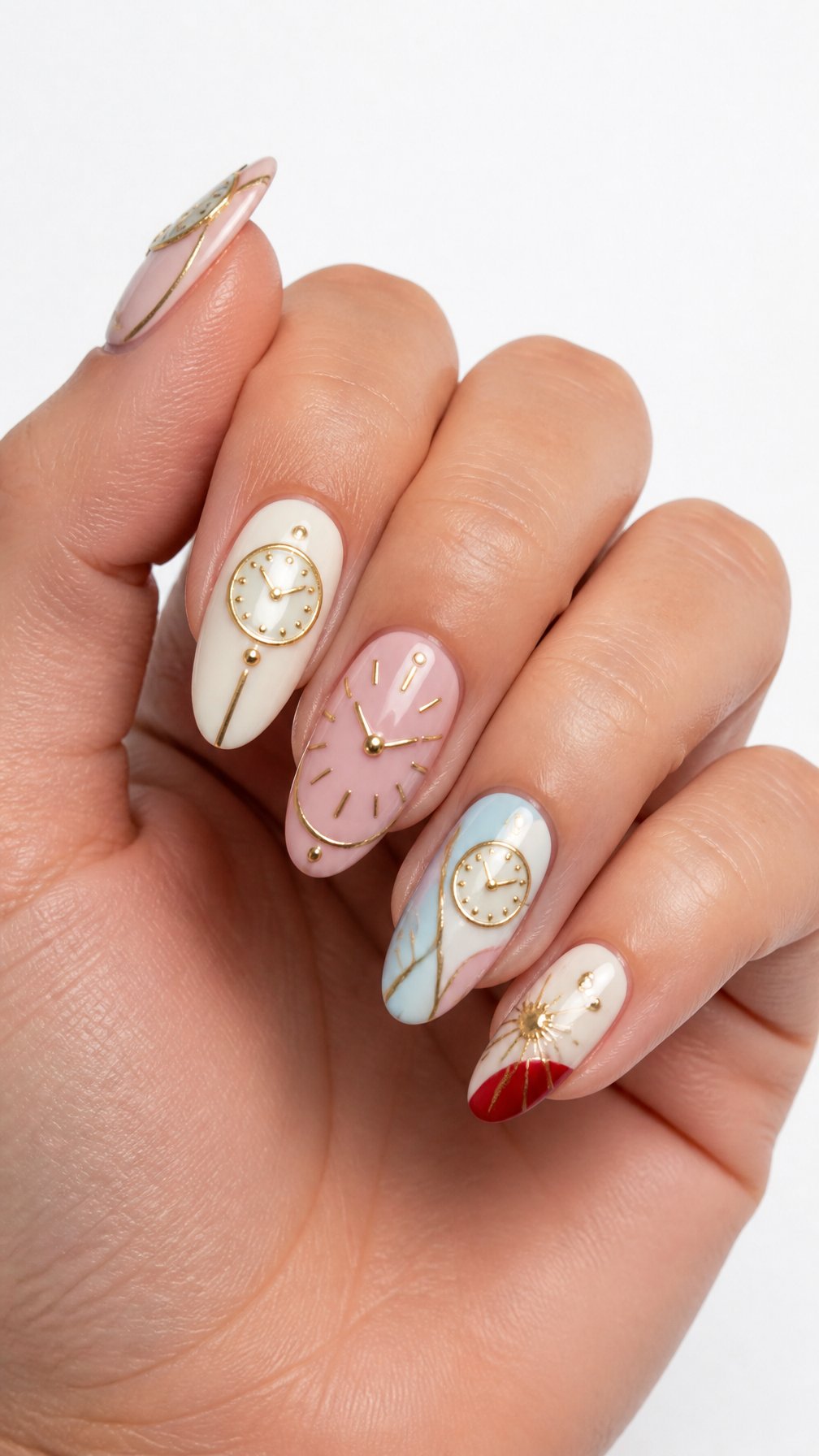 A single hand with glossy nails decorated with delicate clock-themed designs against a white background.