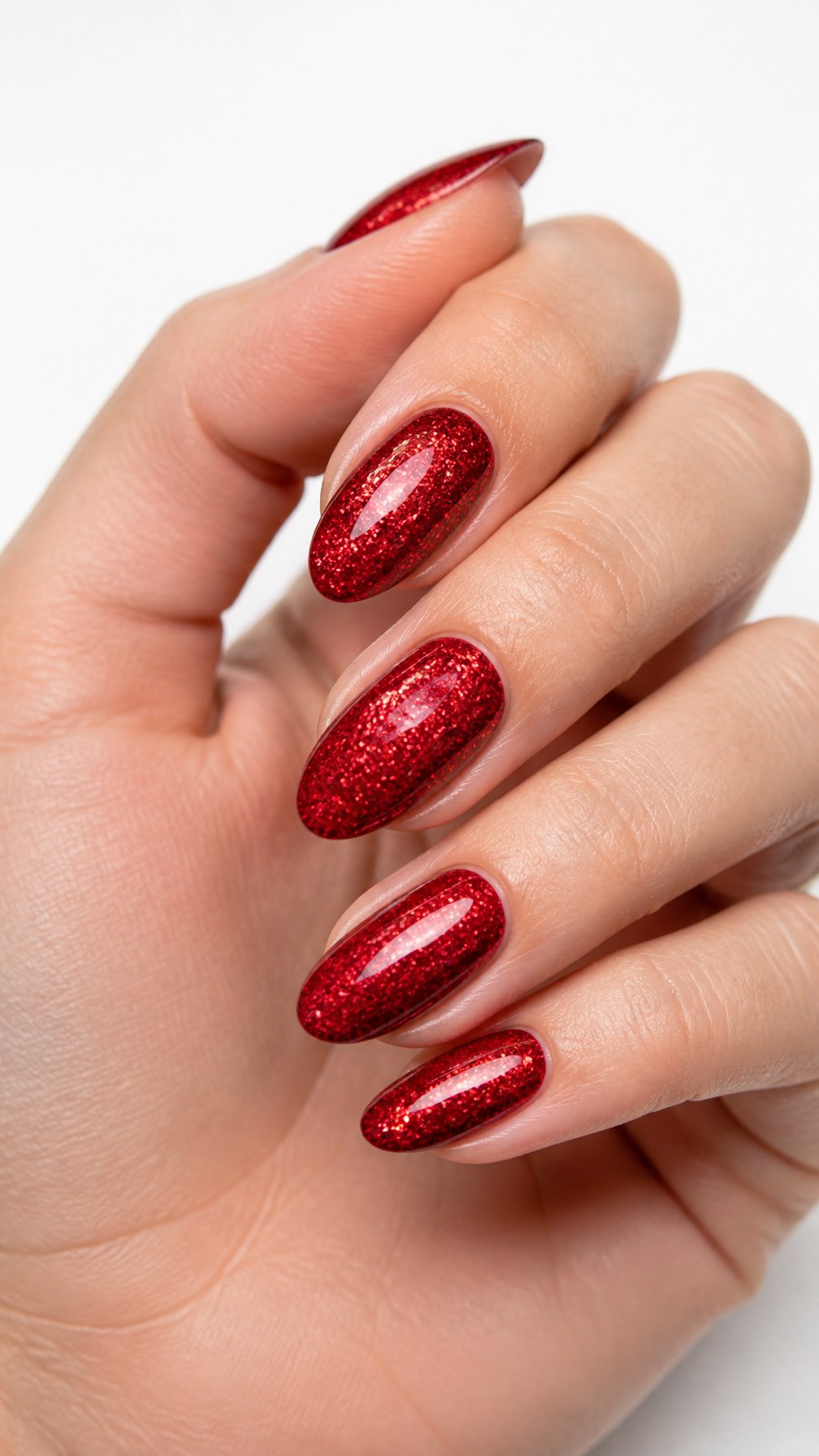A single hand displays glossy red glitter almond-shaped nails against a white background.