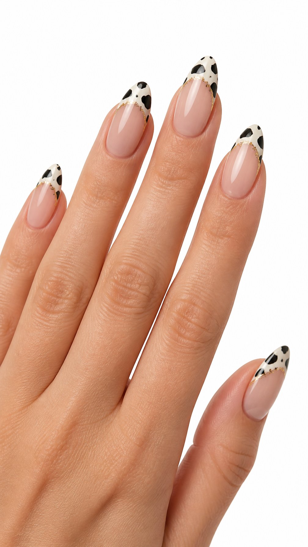 A single hand displays almond-shaped nails with black-and-white cow-print tips on a pale base.