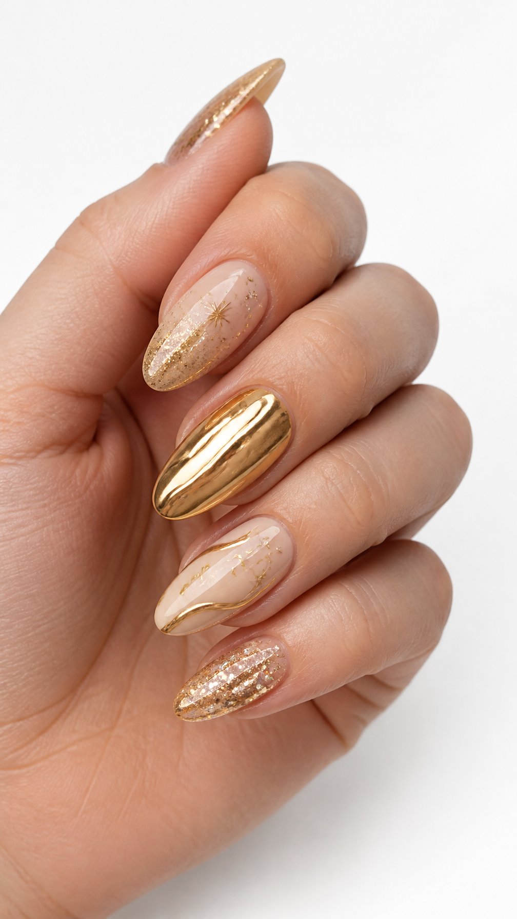 A single hand displays glossy gold manicured nails against a white background.