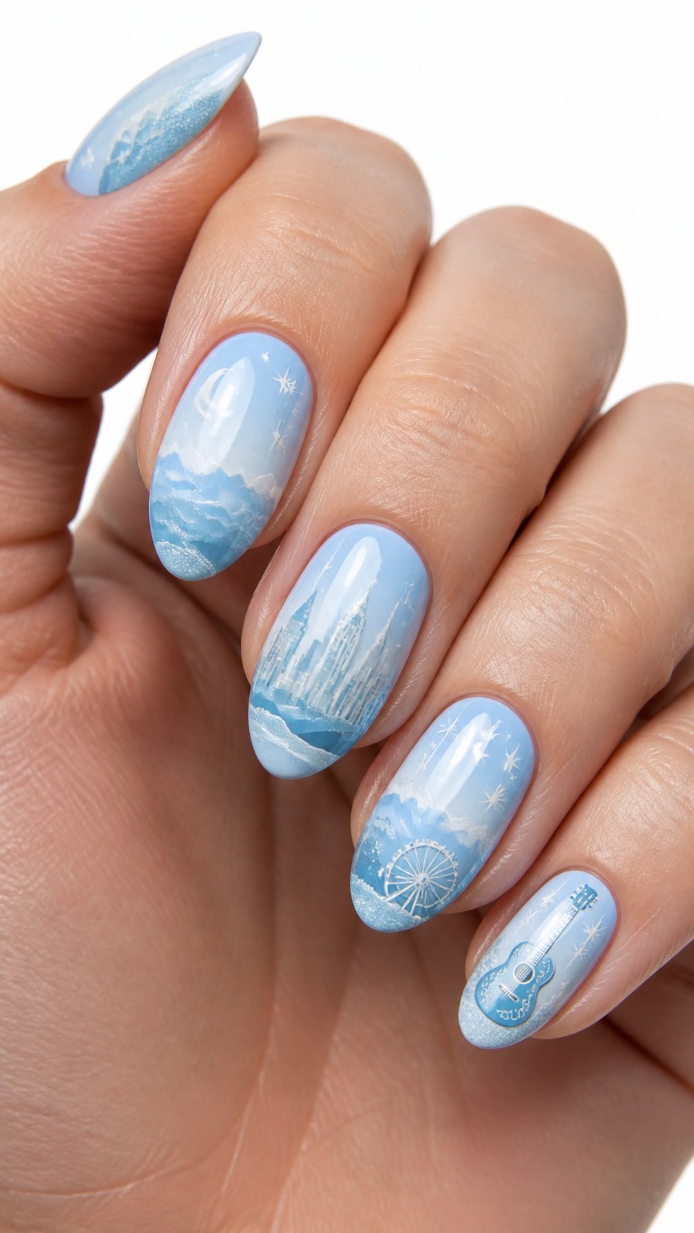 A single hand with glossy baby blue nails featuring delicate white mountain and star designs on a white background.
