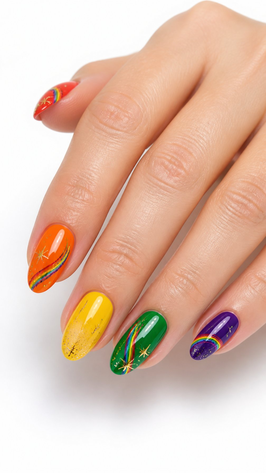 A single hand displays glossy rainbow-colored nails with detailed multicolored designs against a white background.