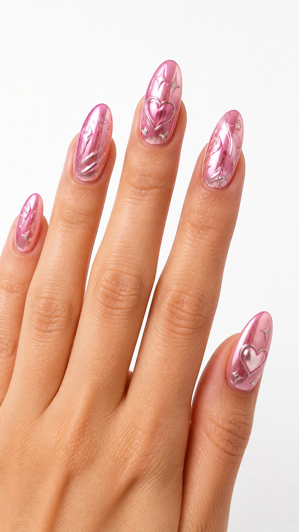 A single hand with glossy pink chrome almond-shaped nails decorated with delicate metallic details on a white background.
