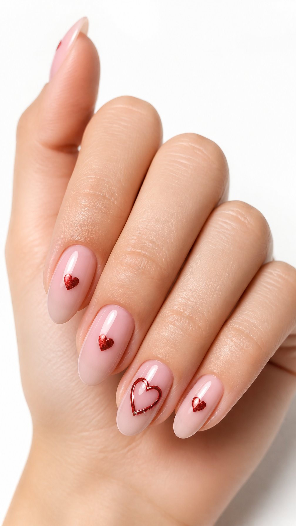 A single hand displays glossy pink nails decorated with small red hearts against a white background.