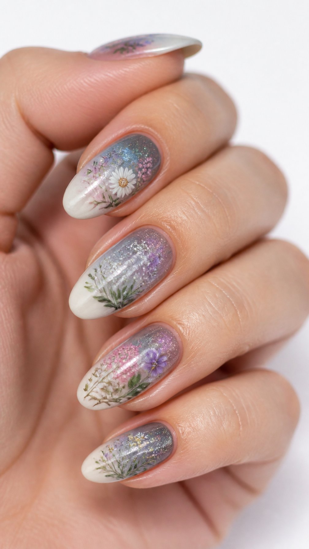 A single hand displays almond-shaped nails decorated with smoky lavender and gray backgrounds and delicate colorful wildflowers.