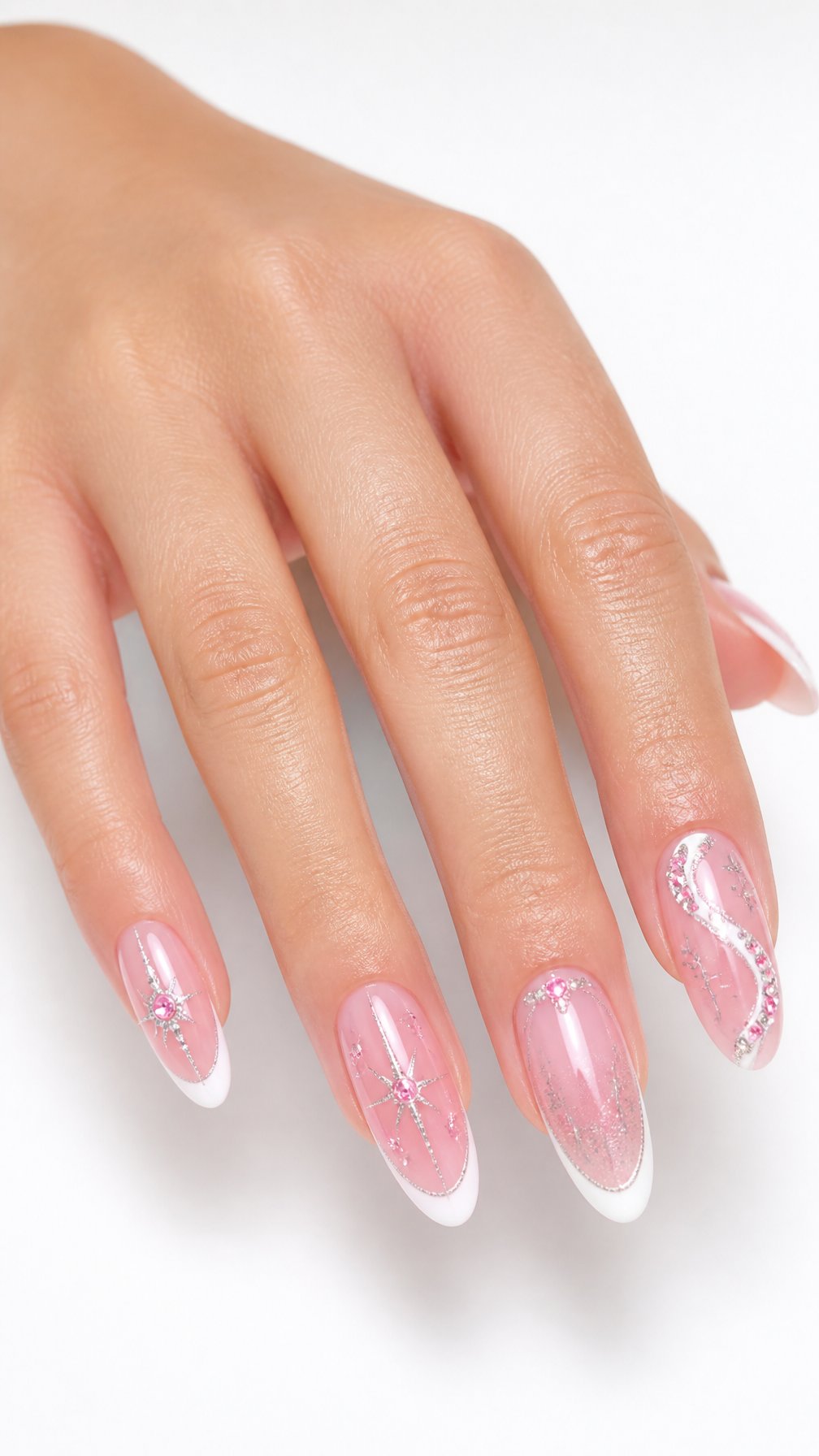 A single hand displays long oval acrylic nails with pink, white, glitter, and crystal detailing against a white background.