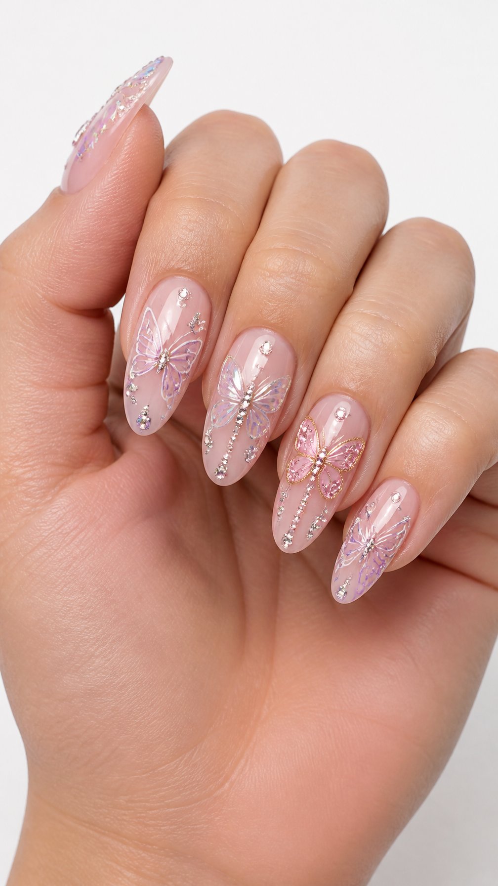 A single hand with glossy pink butterfly-patterned nails decorated with sparkling rhinestones against a white background.