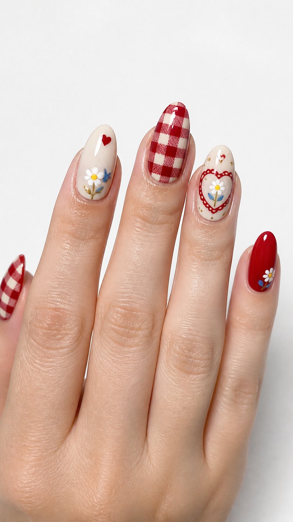 A single hand with red, cream, blue, and floral gingham nail designs against a white background.