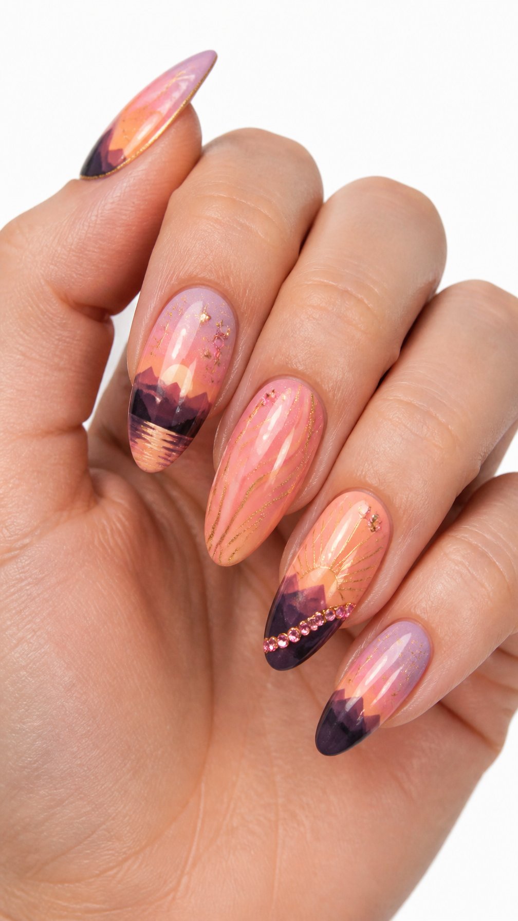 A single hand with detailed sunset-colored mountain nail art rests against a white background.