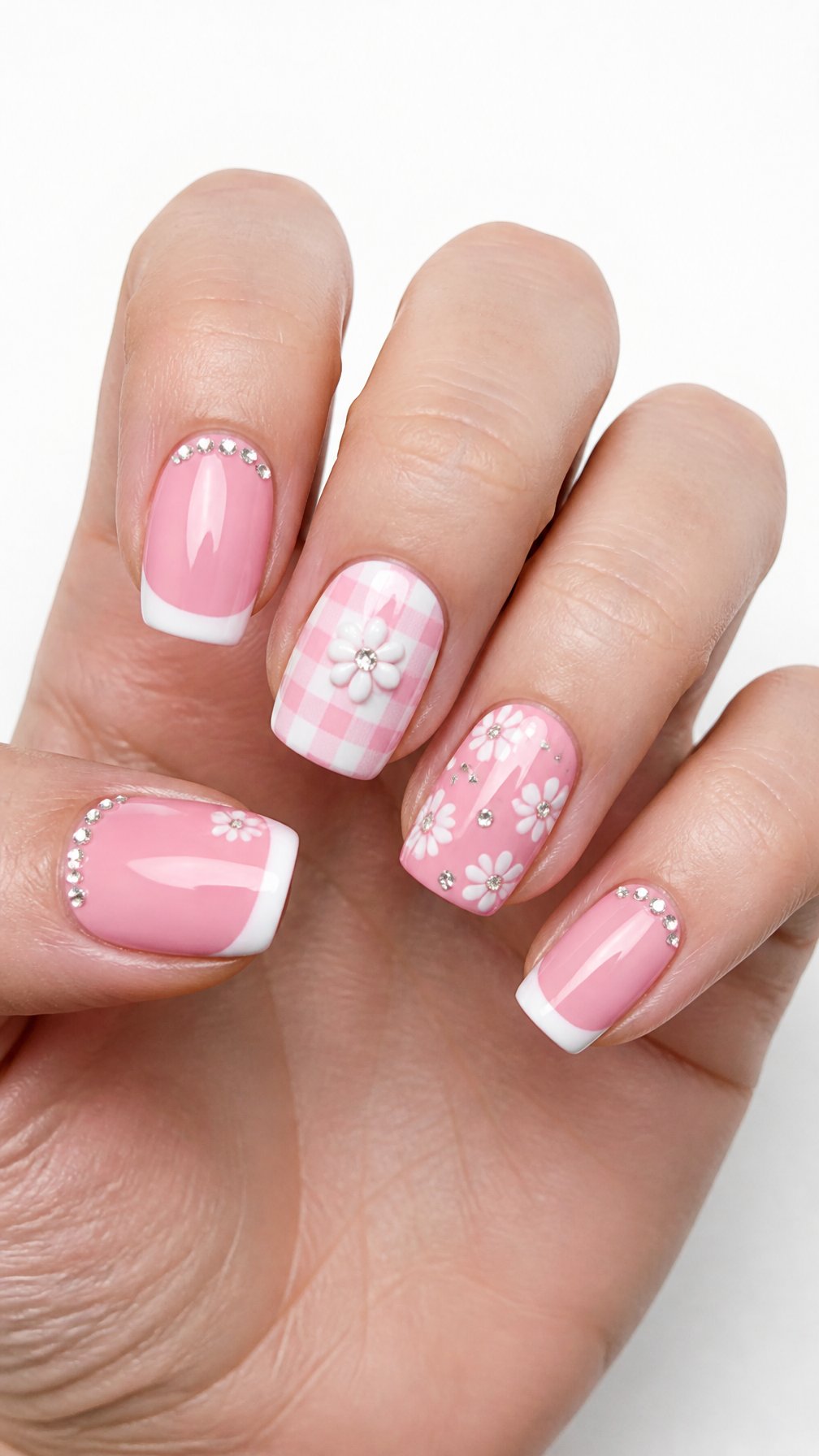 A single hand displays glossy pink-and-white decorated manicured nails against a white background.
