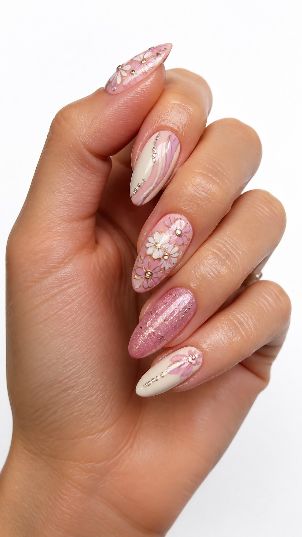 A single hand with colorful decorated almond-shaped nails against a white background.