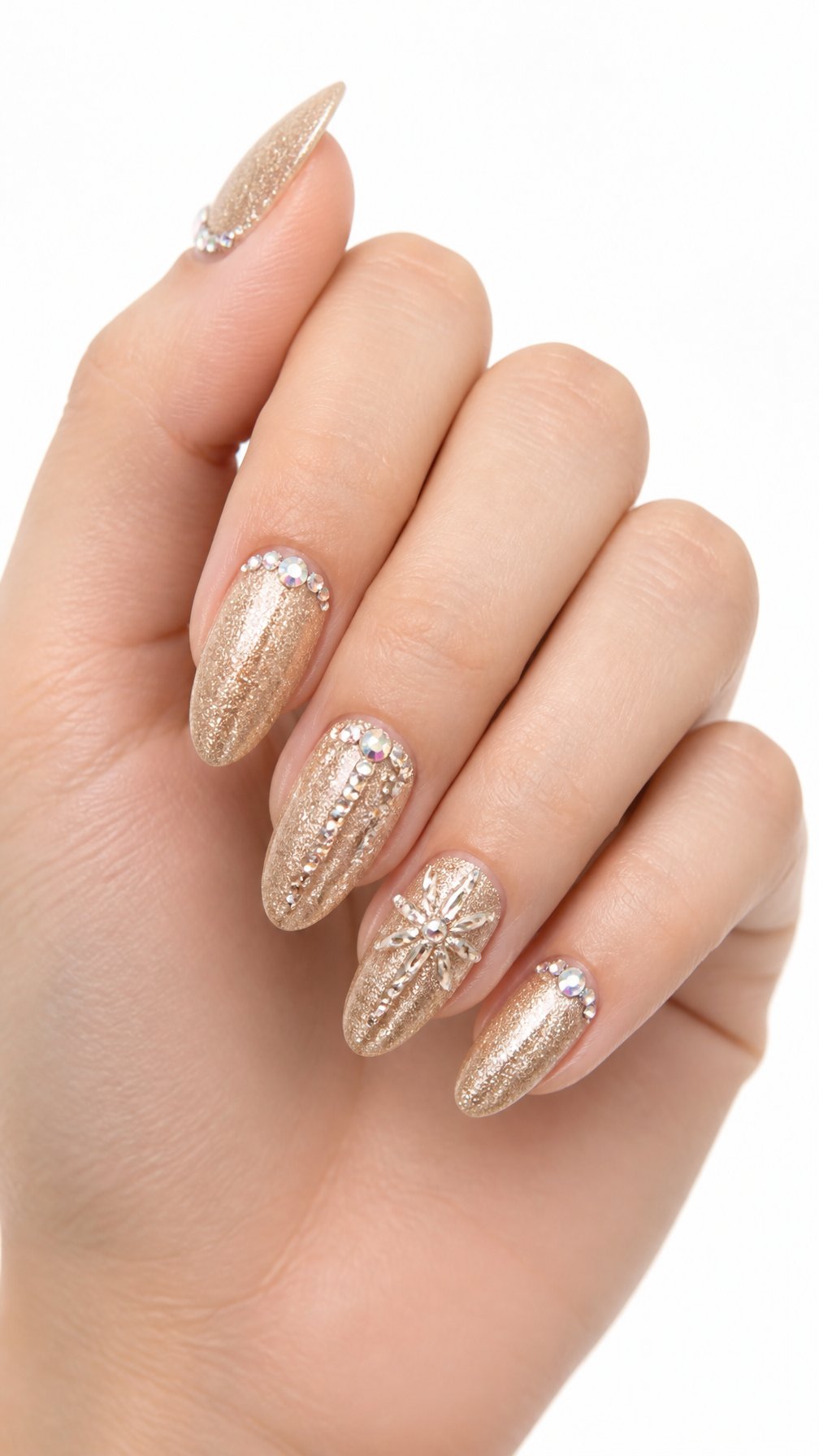 A single hand with glamorous champagne-gold glitter manicured nails rests against a white background.