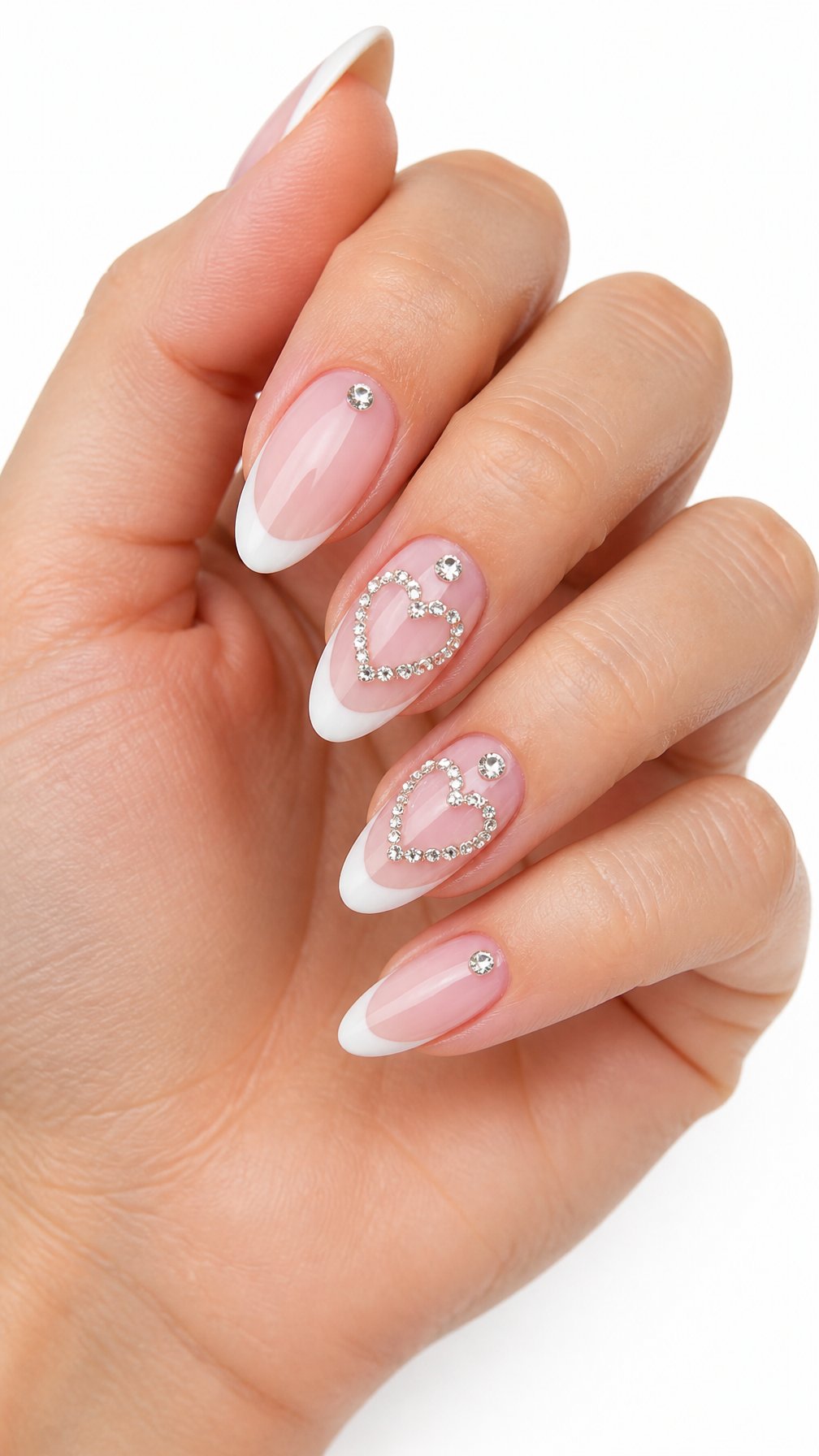 A single hand displays glossy pink manicured nails with white tips and sparkling heart-shaped rhinestone accents on a white background.