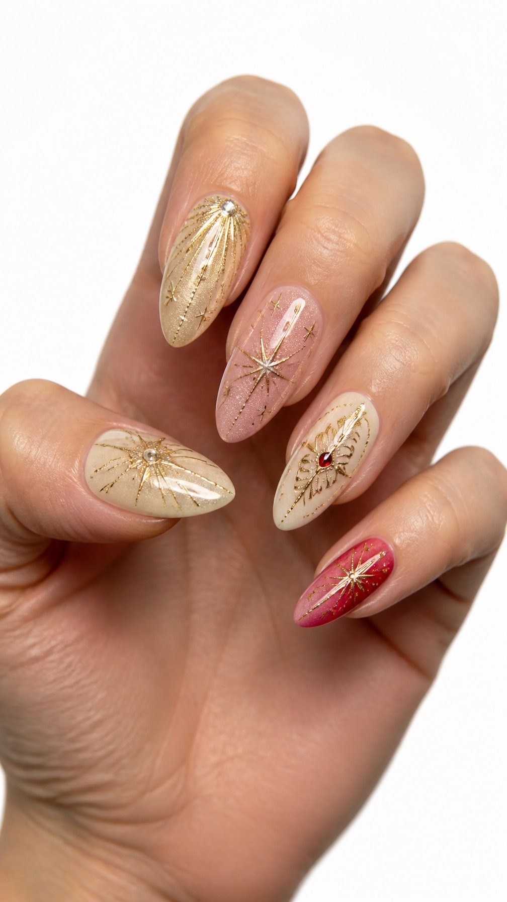 A single hand displays five decorated almond-shaped fingernails against a white background.