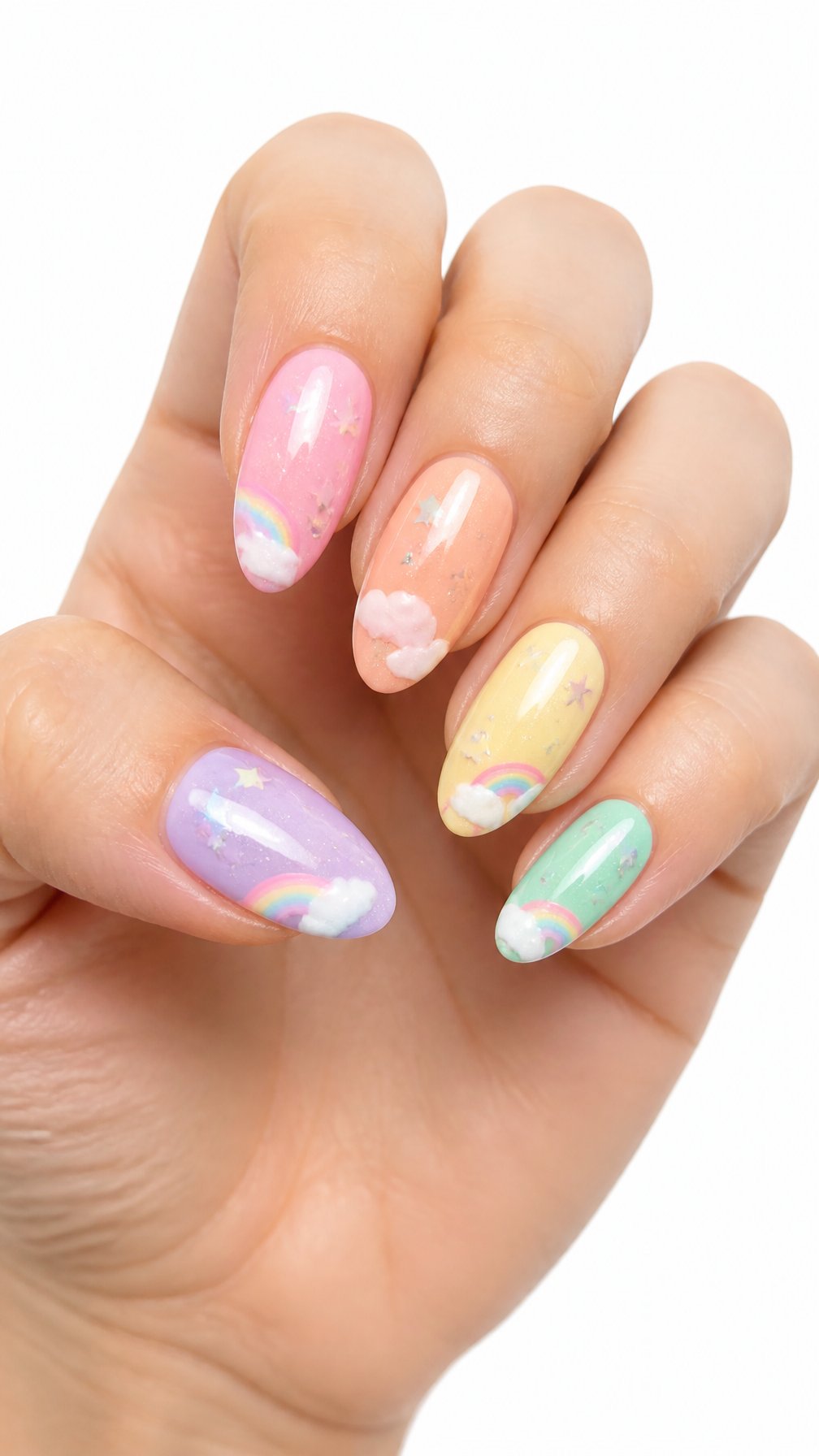 A single hand with pastel rainbow nails decorated with tiny rainbows, stars, clouds, and shimmer on a white background.
