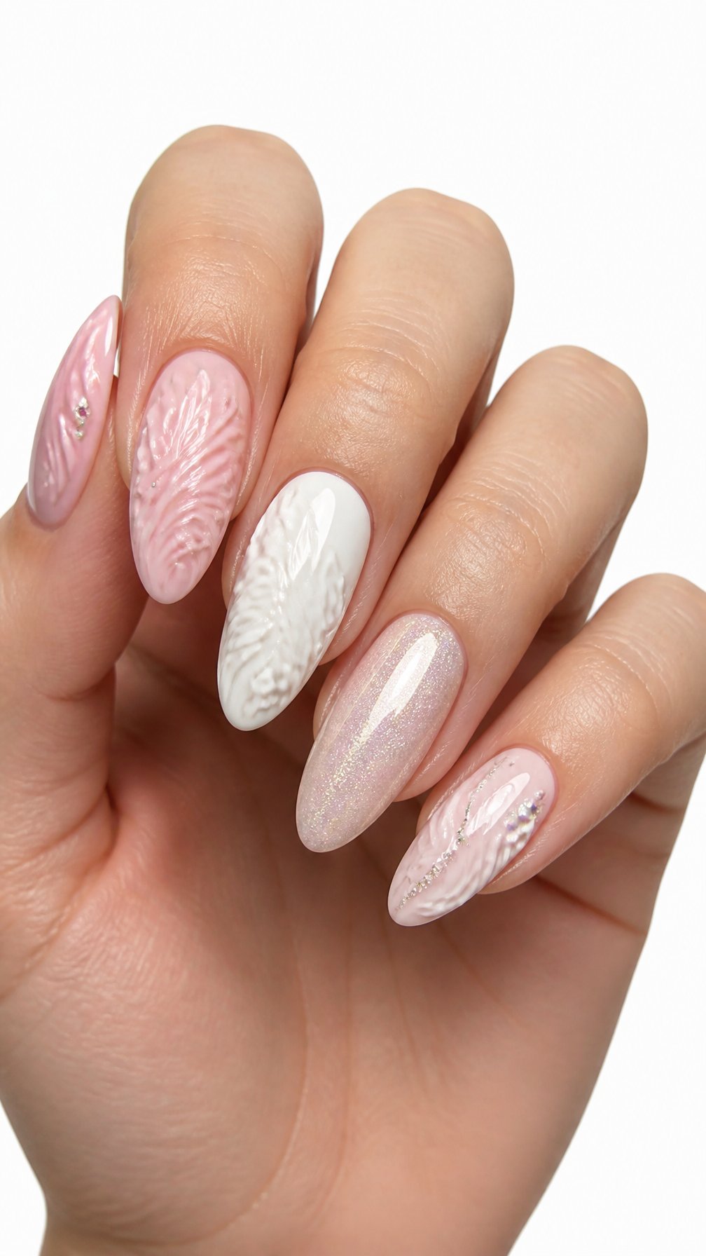 A single hand displays manicured nails with raised pink and white swirl designs and small sparkling accents against a white background.