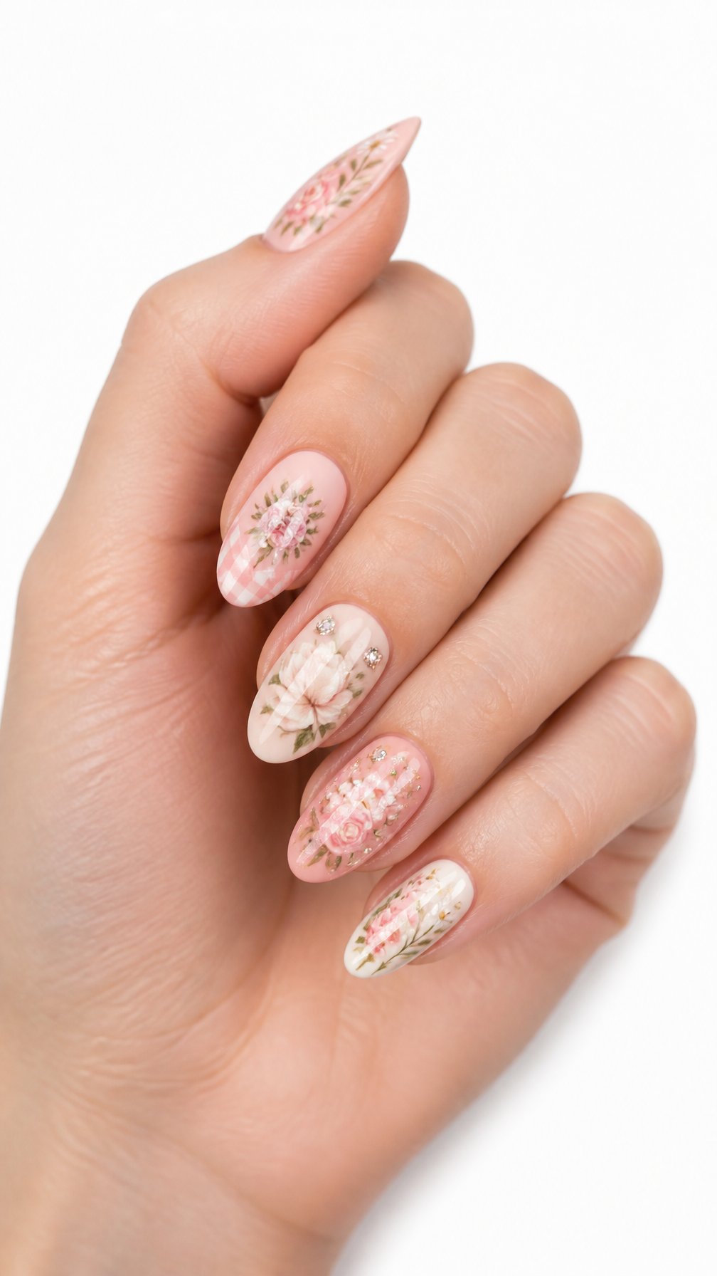 A single hand with glossy almond-shaped nails decorated with delicate pink, white, and green floral designs against a white background.